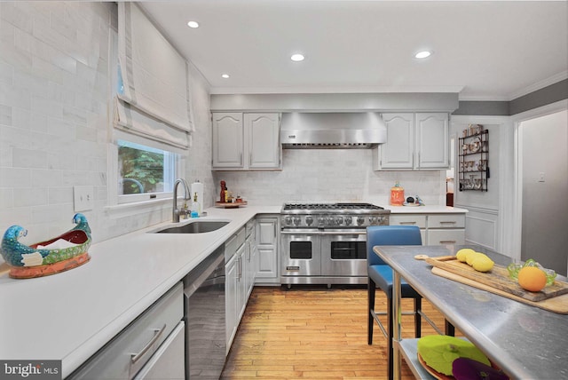 15508 Summer Grove Ct, Gaithersburg, MD 20878 - kitchen with stainless steel appliances, wall chimney range hood, crown molding, light wood-type flooring, and decorative backsplash