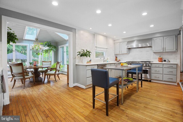 15508 Summer Grove Ct, Gaithersburg, MD 20878 - kitchen featuring wall chimney exhaust hood, stainless steel appliances, gray cabinets, a skylight, and tasteful backsplash
