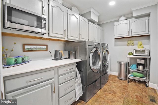 15508 Summer Grove Ct, Gaithersburg, MD 20878 - laundry room featuring separate washer and dryer, crown molding, recessed lighting, and cabinet space
