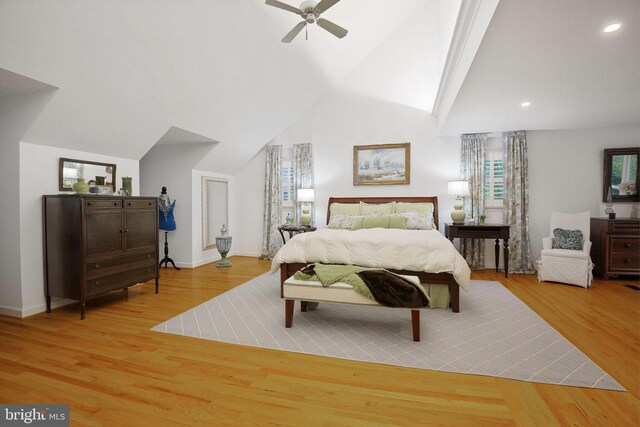 15508 Summer Grove Ct, Gaithersburg, MD 20878 - bedroom with vaulted ceiling, recessed lighting, light wood-type flooring, and ceiling fan