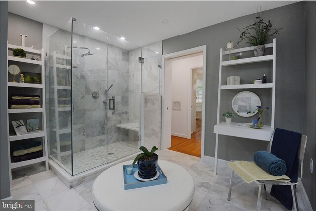 15508 Summer Grove Ct, Gaithersburg, MD 20878 - bathroom with a stall shower, marble finish floors, and recessed lighting