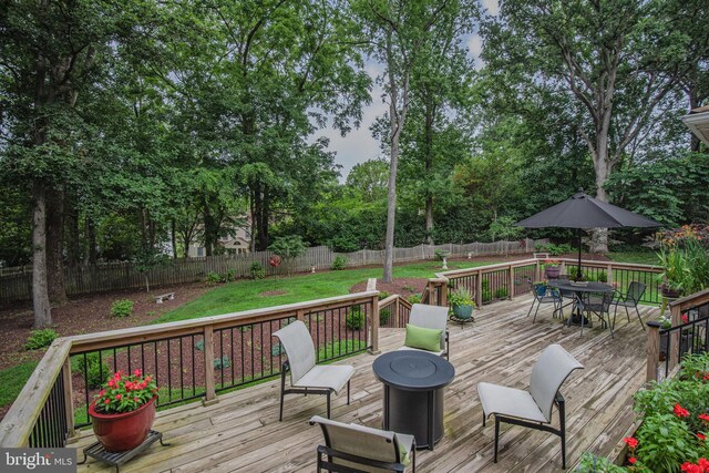 15508 Summer Grove Ct, Gaithersburg, MD 20878 - wooden terrace with a fenced backyard, outdoor dining area, and view of scattered trees