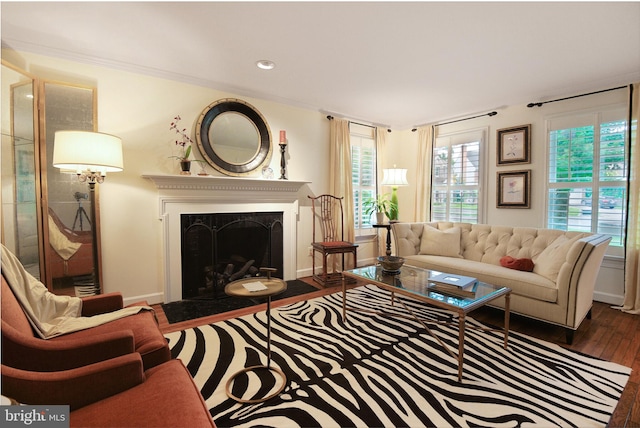 15508 Summer Grove Ct, Gaithersburg, MD 20878 - living room featuring wood finished floors, a fireplace with flush hearth, and crown molding