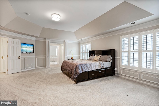 19874 La Bete Ct, Ashburn, VA 20147 - bedroom featuring a decorative wall, a raised ceiling, carpet flooring, ornamental molding, and a wainscoted wall