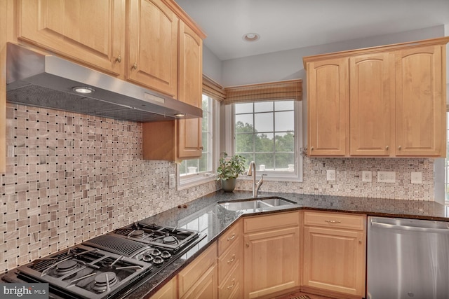 19874 La Bete Ct, Ashburn, VA 20147 - kitchen featuring dishwasher, under cabinet range hood, black gas stovetop, light brown cabinets, and dark stone counters