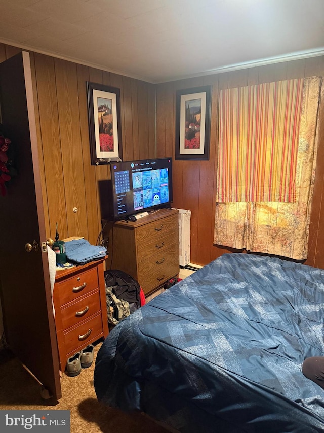 71 Rock Rd, Pine Grove, PA 17963 - bedroom with carpet flooring, wooden walls, and crown molding
