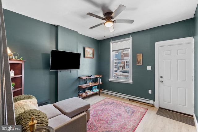 3567 Joyce St, Philadelphia, PA 19134 - living area with wood finished floors, a baseboard heating unit, and a ceiling fan
