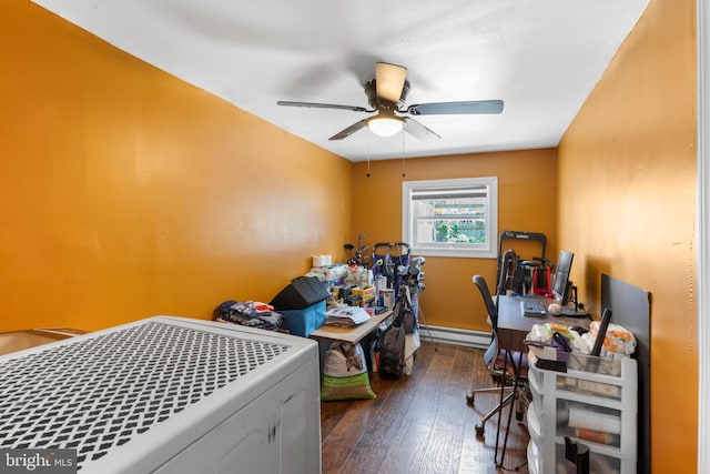 3567 Joyce St, Philadelphia, PA 19134 - bedroom featuring a baseboard heating unit, dark wood-style floors, and ceiling fan
