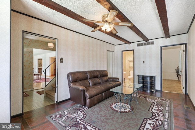 21 Hemmings Way, Lawnside, NJ 08045 - living room with beamed ceiling, a textured ceiling, a ceiling fan, beverage cooler, and stairway