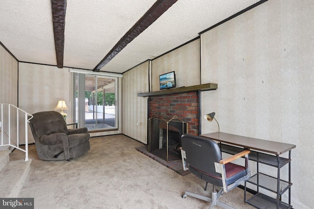21 Hemmings Way, Lawnside, NJ 08045 - office area featuring a textured ceiling, carpet, a brick fireplace, and beamed ceiling