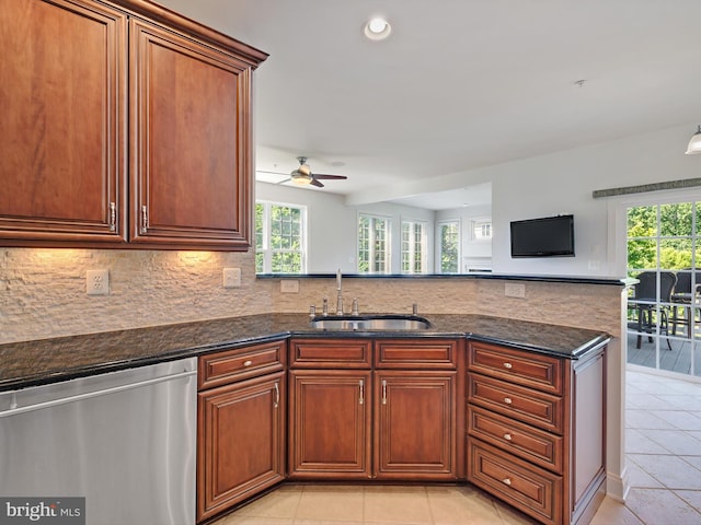 7730 Terraview Ct, Hanover, MD 21076 - kitchen featuring stainless steel dishwasher, light tile patterned floors, a ceiling fan, dark stone counters, and decorative backsplash