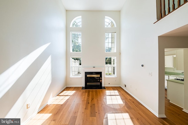202 Park Knl, Princeton, NJ 08540 - unfurnished living room with a high ceiling, healthy amount of natural light, light wood finished floors, and a high end fireplace