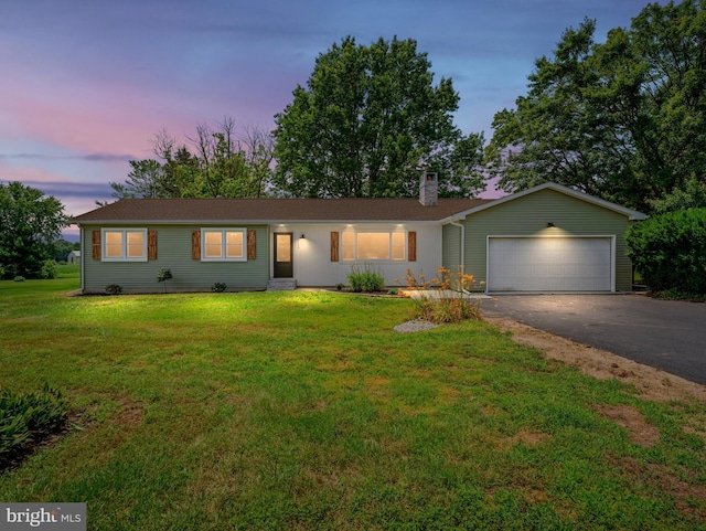 713 Franklinville Rd, Mullica Hill, NJ 08062 - ranch-style home featuring driveway, a chimney, a garage, and a yard
