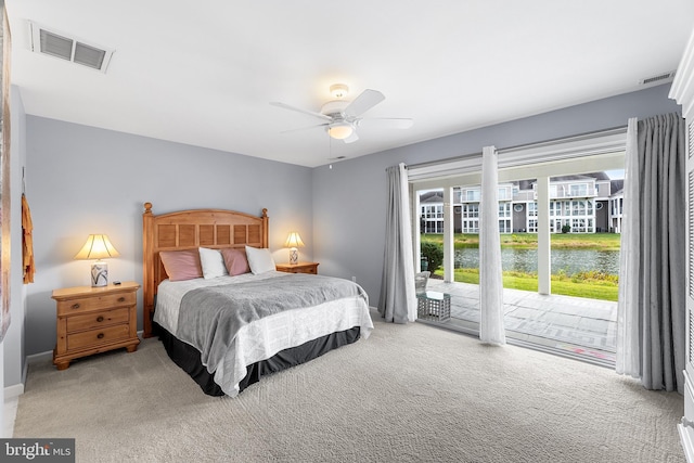 37166 Gull Watch Way Unit 1315, Selbyville, DE 19975 - bedroom with access to exterior, carpet flooring, a water view, and a ceiling fan