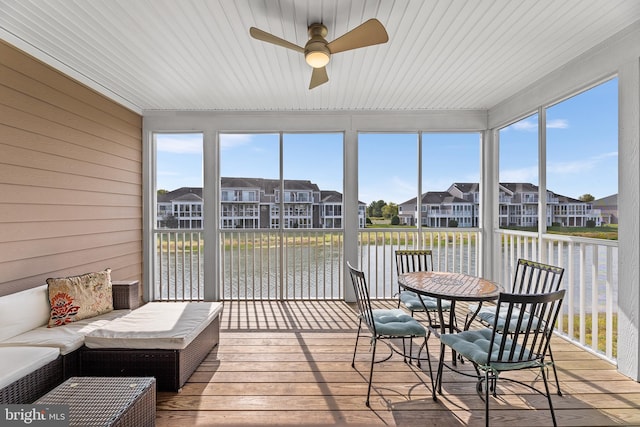 37166 Gull Watch Way Unit 1315, Selbyville, DE 19975 - sunroom / solarium featuring a residential view, a ceiling fan, and a water view