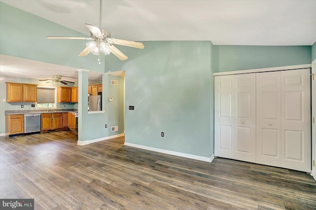 60 Joan Dr, York, PA 17404 - unfurnished living room with vaulted ceiling, ceiling fan, and dark wood-style flooring
