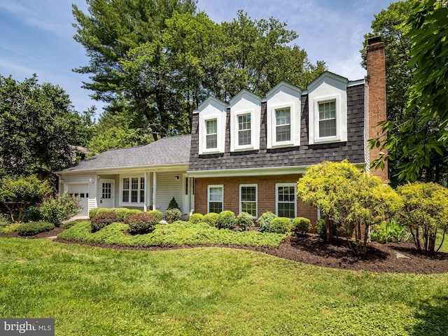 14901 Joshua Tree Rd, North Potomac, MD 20878 - view of front of property with a garage, a chimney, a front yard, a shingled roof, and brick siding