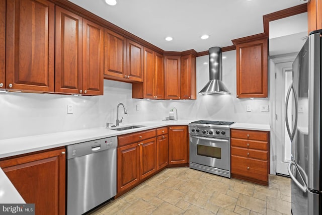 2723 Washington Ave, Chevy Chase, MD 20815 - kitchen with stainless steel appliances, wall chimney range hood, light stone finish flooring, light countertops, and recessed lighting