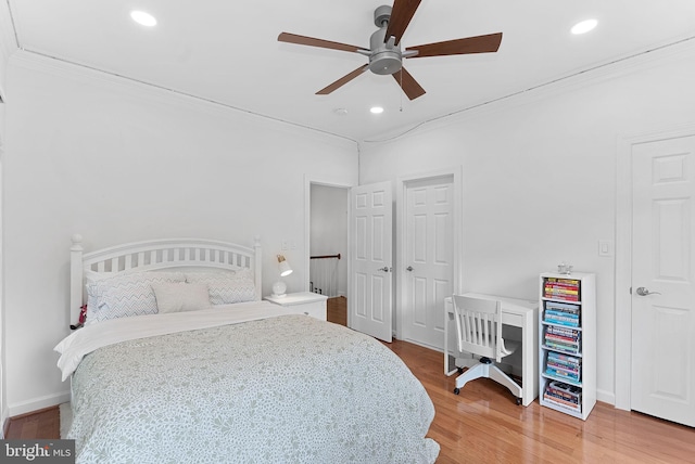 10111 Ballynahown Cir, Fairfax, VA 22030 - bedroom featuring recessed lighting, ornamental molding, wood finished floors, and a ceiling fan