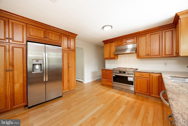 860 Temple Rd, Pottstown, PA 19465 - kitchen featuring appliances with stainless steel finishes, under cabinet range hood, light wood-type flooring, brown cabinets, and baseboard heating