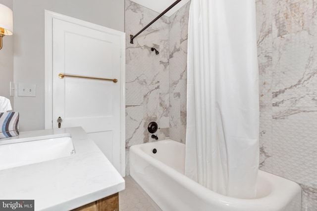 301 Fleming Ave, Frederick, MD 21701 - bathroom with shower / bath combo with shower curtain, vanity, and tile patterned flooring