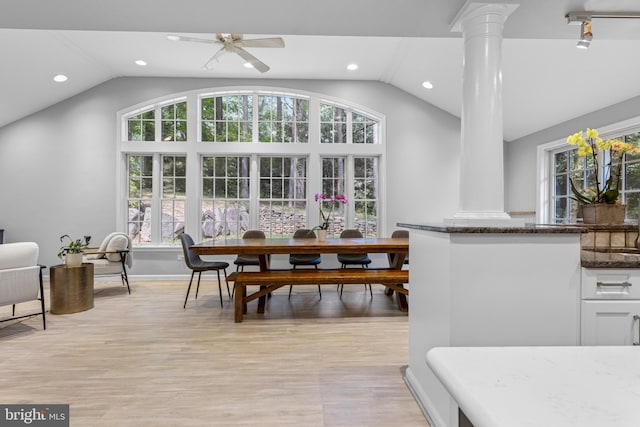 13 Weirwood Rd, Wayne, PA 19087 - dining space featuring ornate columns, lofted ceiling, plenty of natural light, recessed lighting, and light wood-style flooring