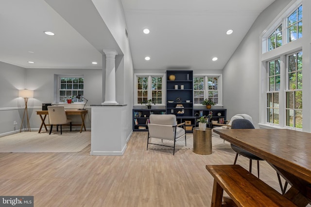 13 Weirwood Rd, Wayne, PA 19087 - living room featuring ornate columns, light wood finished floors, an office area, recessed lighting, and vaulted ceiling