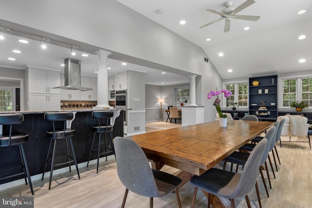 13 Weirwood Rd, Wayne, PA 19087 - dining space with ornate columns, light wood-type flooring, recessed lighting, a ceiling fan, and lofted ceiling