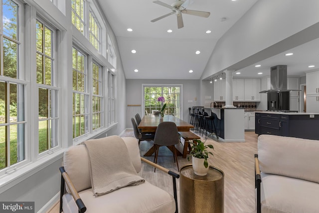13 Weirwood Rd, Wayne, PA 19087 - living room with high vaulted ceiling, recessed lighting, ceiling fan, and light wood-style flooring
