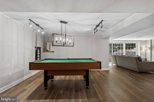 13 Weirwood Rd, Wayne, PA 19087 - rec room featuring track lighting, crown molding, pool table, and hardwood / wood-style flooring