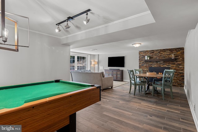13 Weirwood Rd, Wayne, PA 19087 - game room with wood finished floors, rail lighting, ornamental molding, and billiards