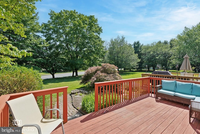 243 Prince William Way, Chalfont, PA 18914 - deck with an outdoor hangout area, a lawn, and view of scattered trees