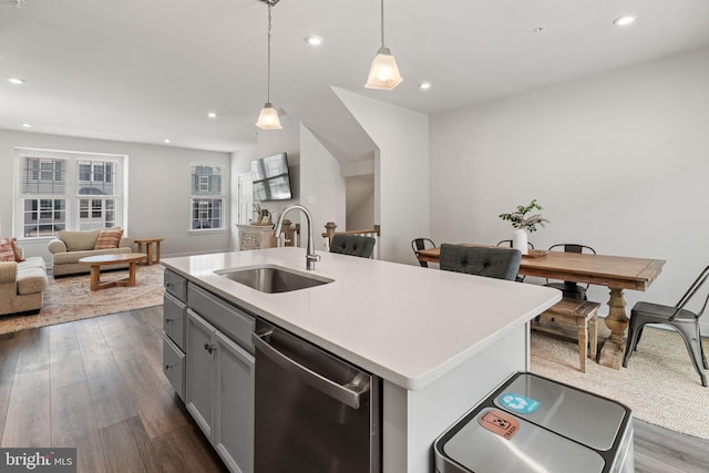 28 Boot Ln, Gilbertsville, PA 19525 - kitchen featuring dishwasher, dark wood finished floors, open floor plan, light countertops, and hanging light fixtures