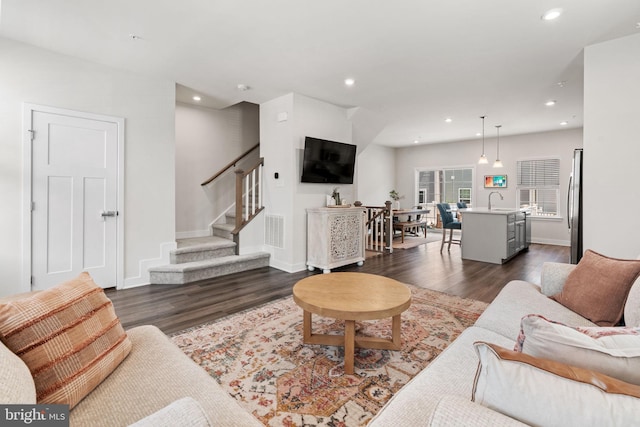28 Boot Ln, Gilbertsville, PA 19525 - living room featuring dark wood-type flooring, recessed lighting, and stairway