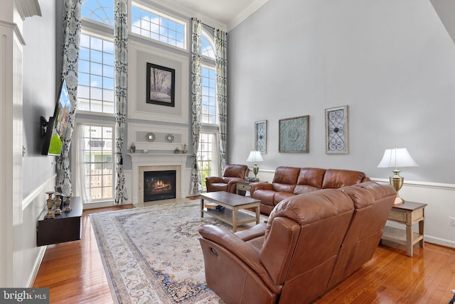 14512 Penderlea Ct, Gainesville, VA 20155 - living area featuring ornamental molding, plenty of natural light, wood finished floors, a high ceiling, and a fireplace with flush hearth