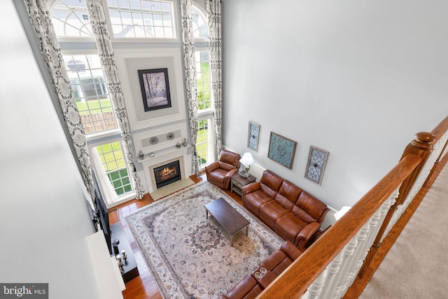 14512 Penderlea Ct, Gainesville, VA 20155 - living room featuring a high ceiling, a glass covered fireplace, and wood finished floors