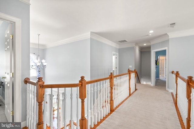 14512 Penderlea Ct, Gainesville, VA 20155 - hall featuring an upstairs landing, a chandelier, crown molding, recessed lighting, and carpet flooring