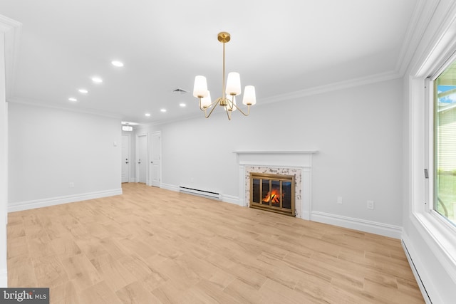 321 Persica Plz, Monroe Township, NJ 08831 - unfurnished living room with a baseboard radiator, crown molding, recessed lighting, healthy amount of natural light, and a chandelier