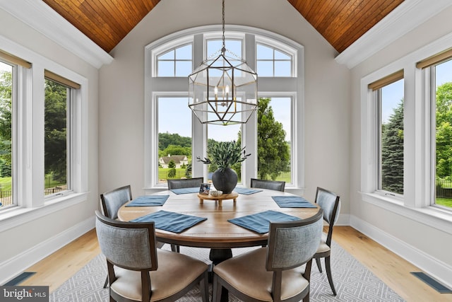 2740 Allen Glen Dr, Mechanicsburg, PA 17055 - dining area with a chandelier, wood ceiling, lofted ceiling, healthy amount of natural light, and light wood-style floors