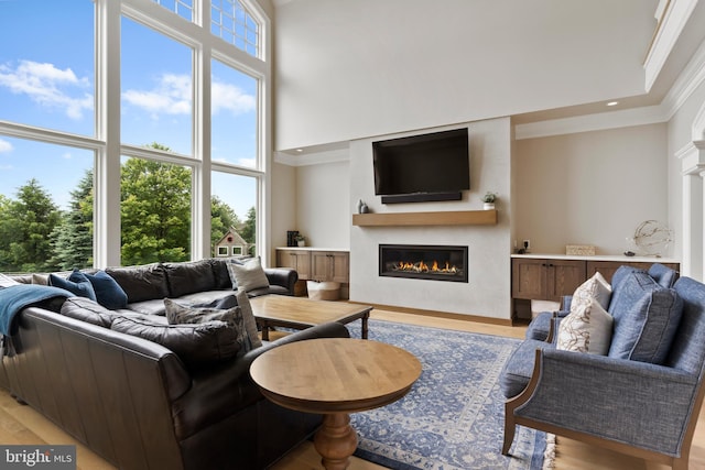 2740 Allen Glen Dr, Mechanicsburg, PA 17055 - living room featuring a glass covered fireplace, ornamental molding, a towering ceiling, light wood finished floors, and recessed lighting