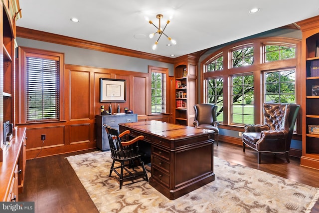 2740 Allen Glen Dr, Mechanicsburg, PA 17055 - office area featuring dark wood-style flooring, a chandelier, crown molding, built in shelves, and recessed lighting
