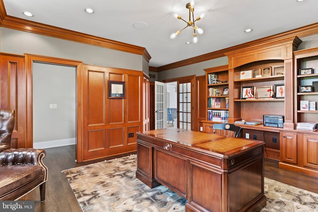 2740 Allen Glen Dr, Mechanicsburg, PA 17055 - office area featuring ornamental molding, dark wood-style flooring, a chandelier, and recessed lighting