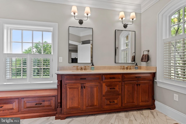 2740 Allen Glen Dr, Mechanicsburg, PA 17055 - bathroom featuring marble finish flooring, double vanity, and ornamental molding