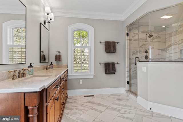 2740 Allen Glen Dr, Mechanicsburg, PA 17055 - full bath with marble look tiles, double vanity, a stall shower, and crown molding
