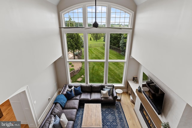 2740 Allen Glen Dr, Mechanicsburg, PA 17055 - living area featuring a ceiling fan, high vaulted ceiling, and light wood finished floors
