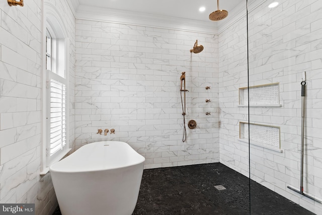 2740 Allen Glen Dr, Mechanicsburg, PA 17055 - bathroom with walk in shower, crown molding, tile walls, and a freestanding bath