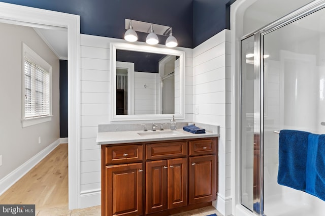 2740 Allen Glen Dr, Mechanicsburg, PA 17055 - bathroom with vanity, a stall shower, wood finished floors, and crown molding