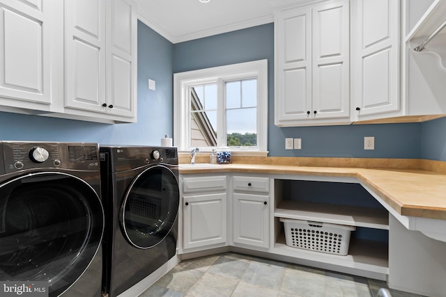 2740 Allen Glen Dr, Mechanicsburg, PA 17055 - laundry area with separate washer and dryer, cabinet space, crown molding, and a desk