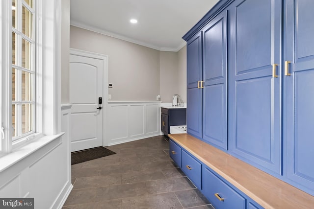 2740 Allen Glen Dr, Mechanicsburg, PA 17055 - mudroom with ornamental molding, wainscoting, and dark stone finish flooring