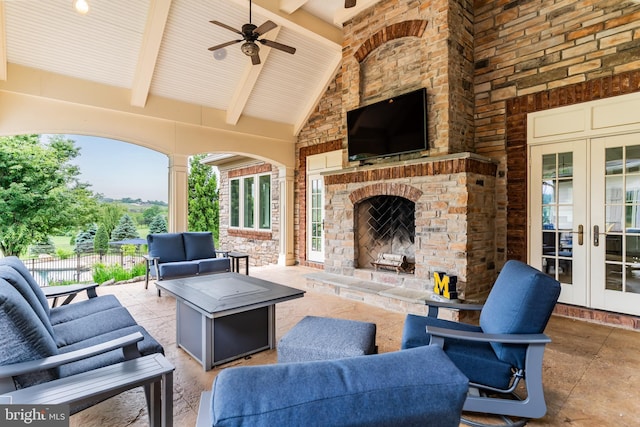 2740 Allen Glen Dr, Mechanicsburg, PA 17055 - view of patio featuring french doors, an outdoor living space with a fireplace, and a ceiling fan